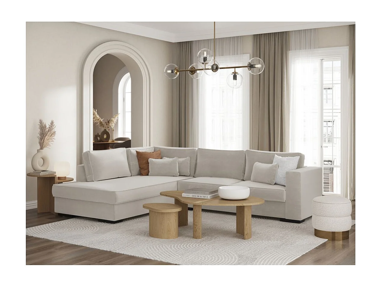 Canapé d'angle gauche XXL 6 places Belami en tissu - Beige - L303 x 228 x 86cm - Loungitude
