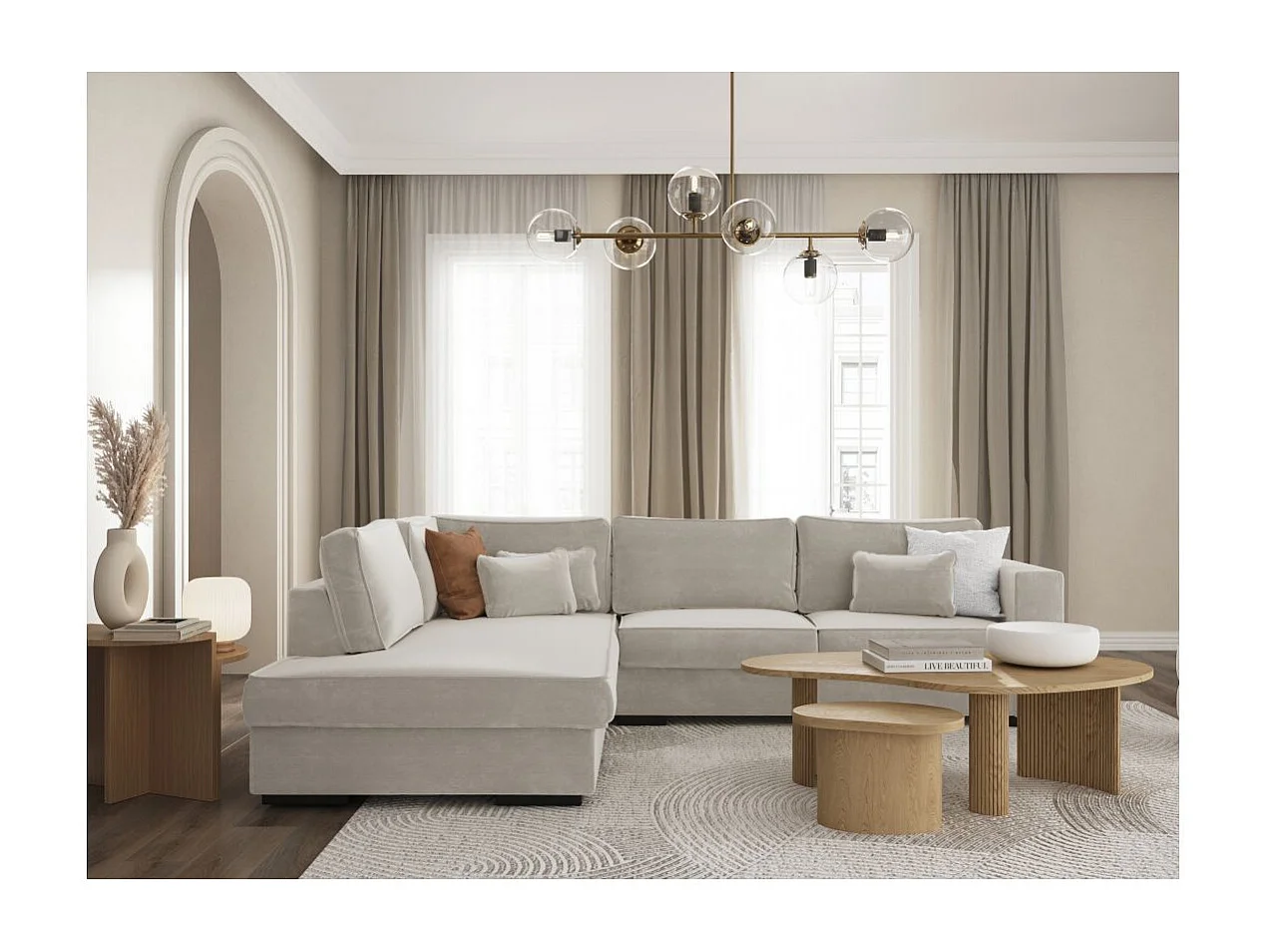Canapé d'angle gauche XXL 6 places Belami en tissu - Beige - L303 x 228 x 86cm - Loungitude