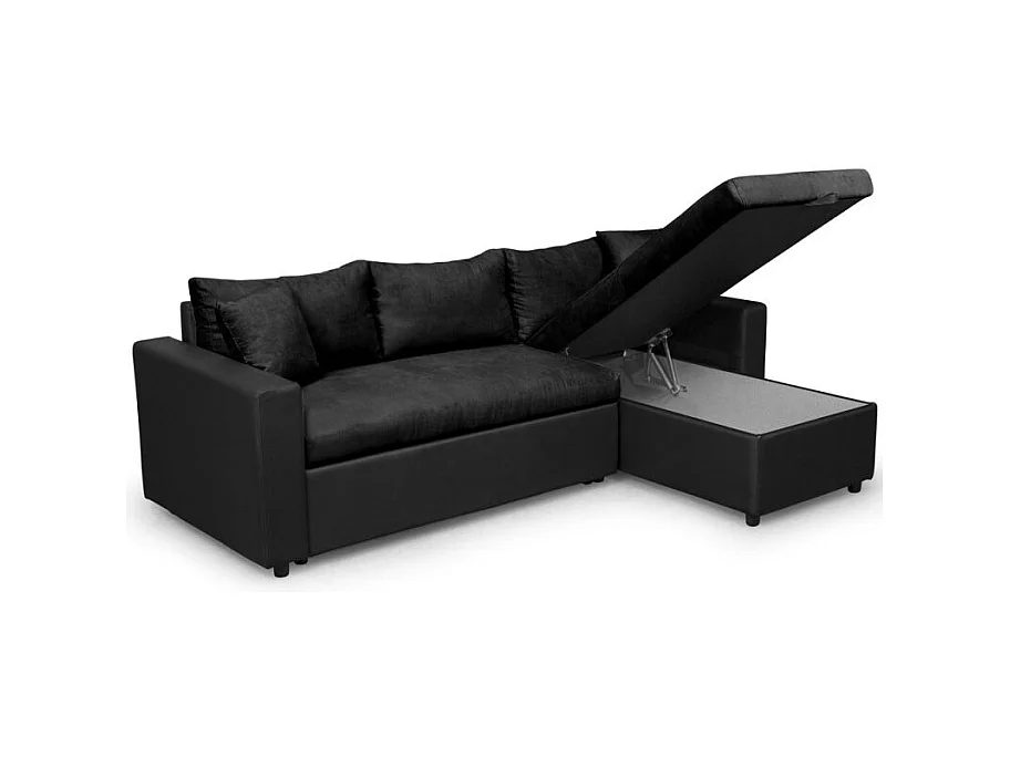 Canapé d'angle 3 Places Maria Réversible Convertible avec Coffre en simili et microfibre - Noir - L227 x P146 x H81cm - Loungitude