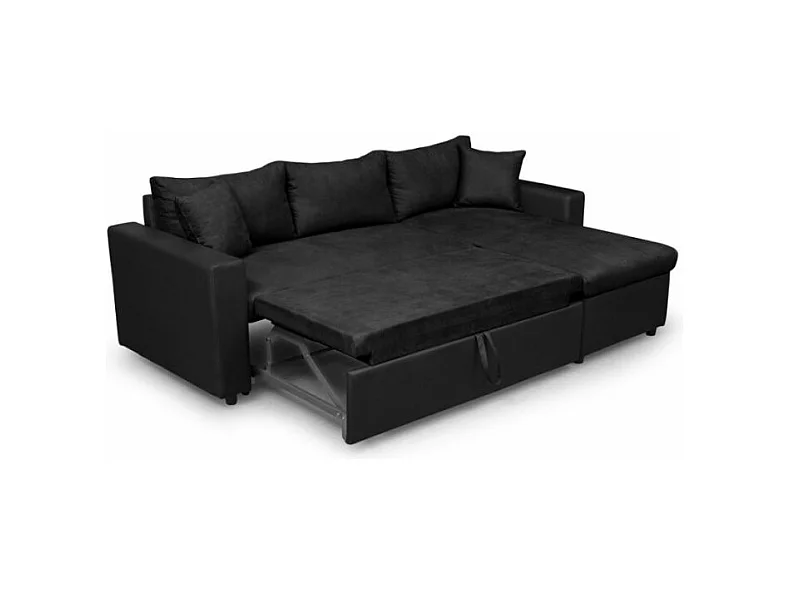 Canapé d'angle 3 Places Maria Réversible Convertible avec Coffre en simili et microfibre - Noir - L227 x P146 x H81cm - Loungitude