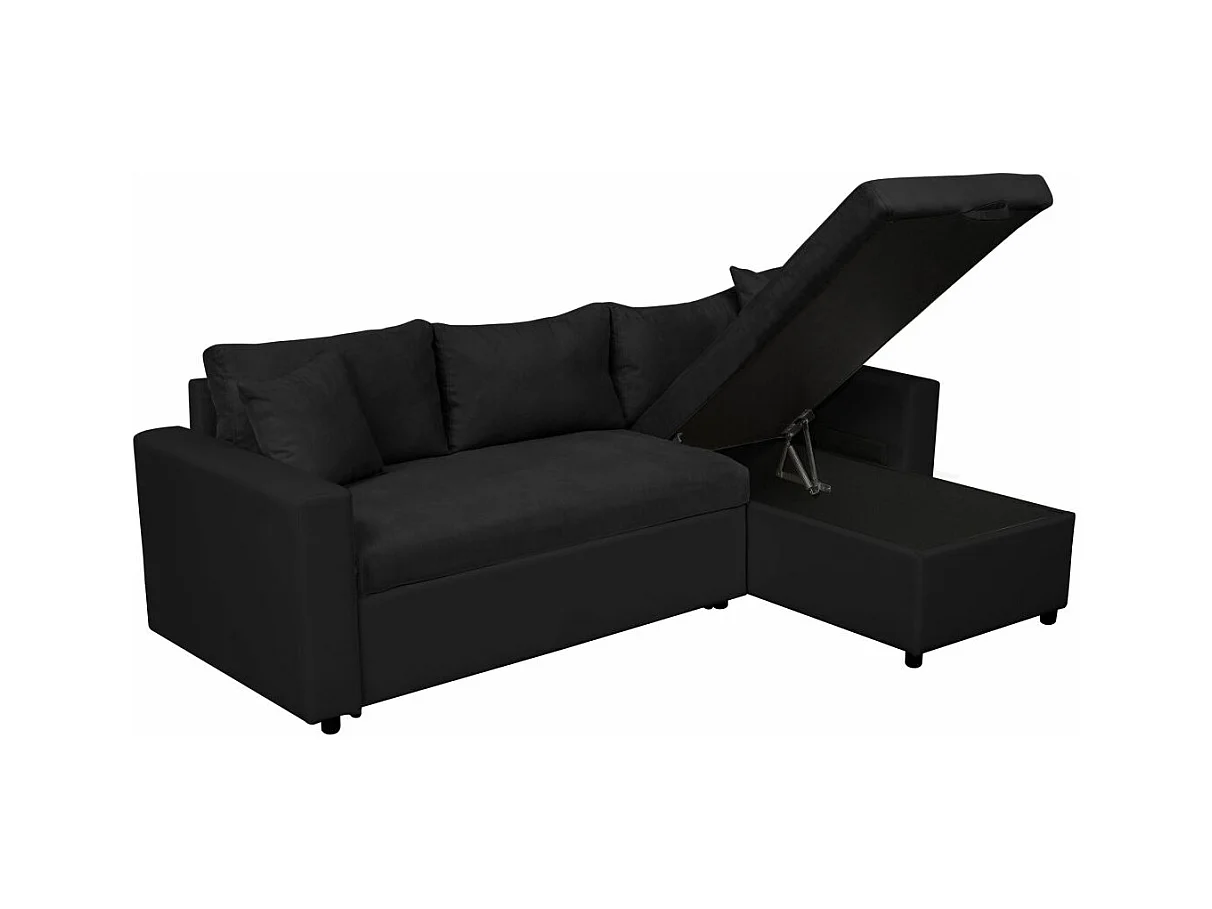 Canapé d'angle 3 Places Maria Réversible Convertible avec Coffre en simili et microfibre - Noir - L227 x P146 x H81cm - Loungitude