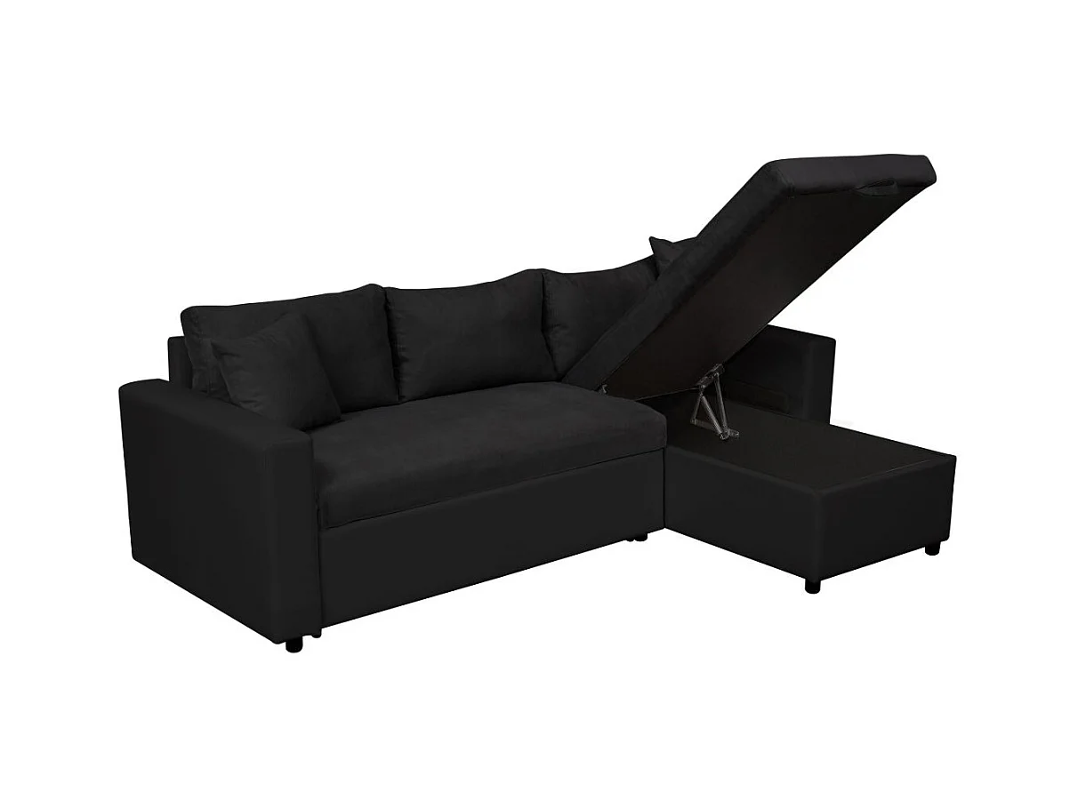 Canapé d'angle 3 Places Maria Réversible Convertible avec Coffre en simili et microfibre - Noir - L227 x P146 x H81cm - Loungitude