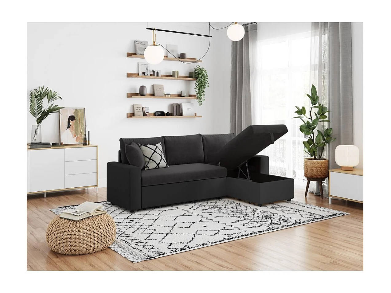 Canapé d'angle 3 places Maria Réversible convertible avec Coffre en simili et microfibre - Noir - L227 x P146 x H81cm - Loungitude