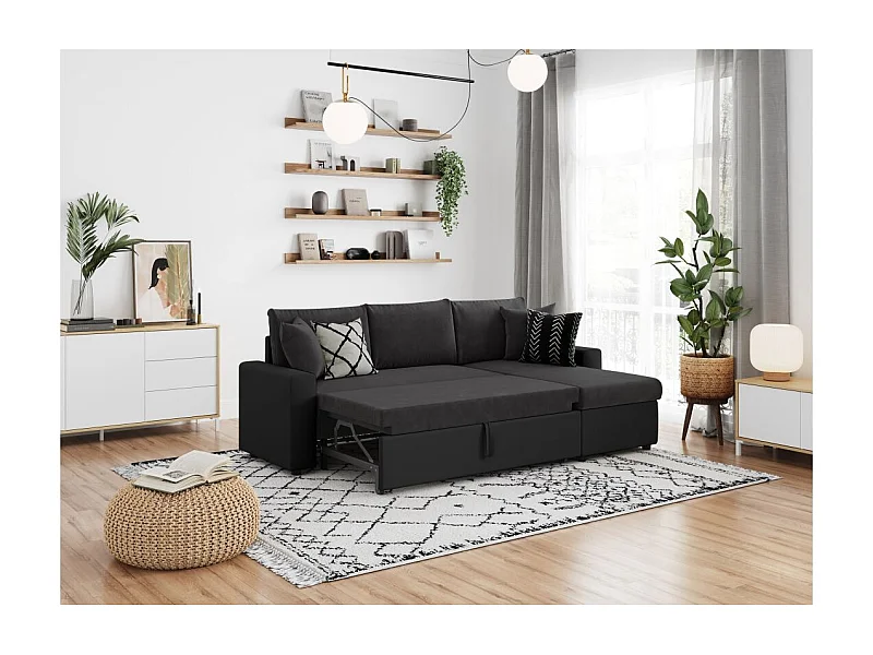 Canapé d'angle 3 places Maria Réversible convertible avec Coffre en simili et microfibre - Noir - L227 x P146 x H81cm - Loungitude