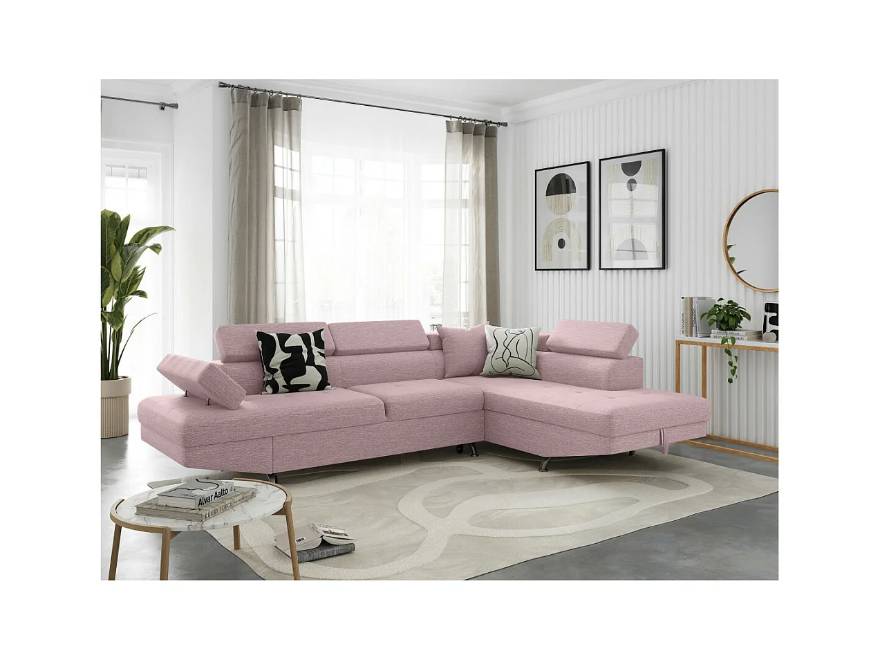 Canapé d'angle droit 5 places Rio Convertible avec coffre en tissu - Vieux rose - L271 x P192 x H70cm - Loungitude