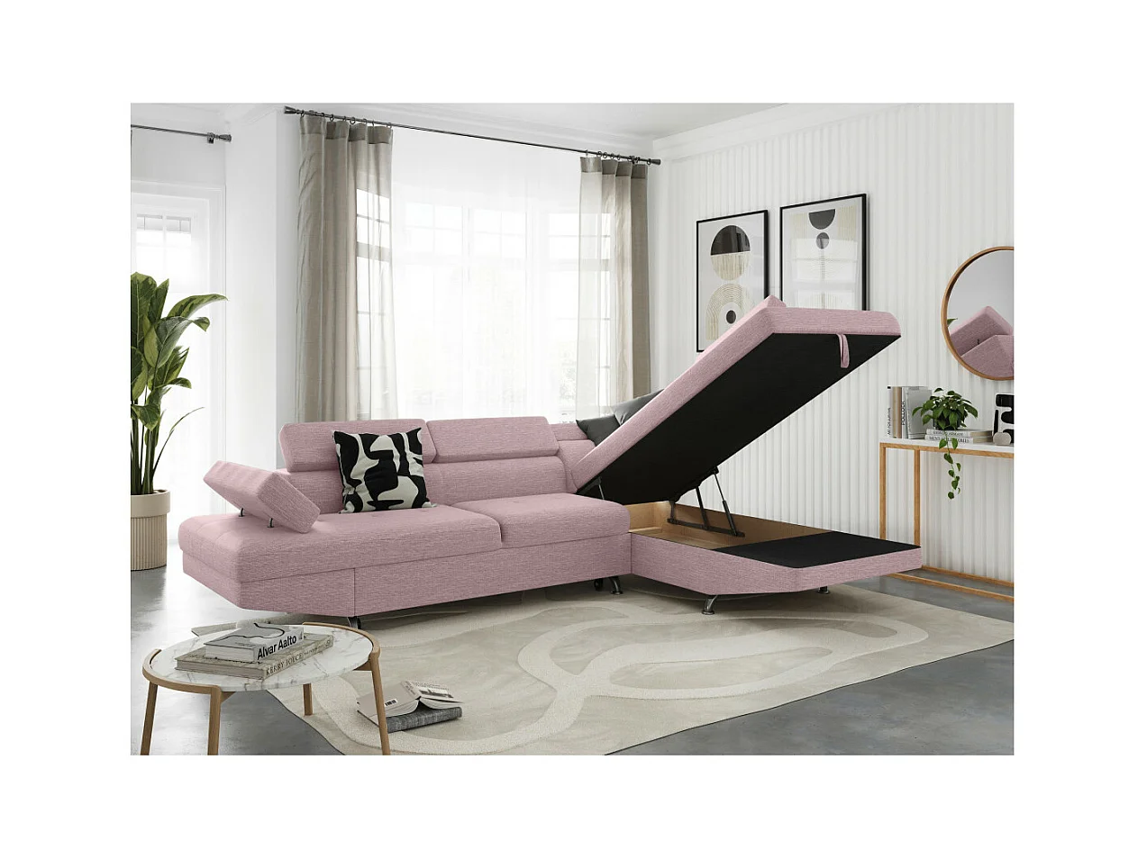 Canapé d'angle droit 5 places Rio Convertible avec coffre en tissu - Vieux rose - L271 x P192 x H70cm - Loungitude