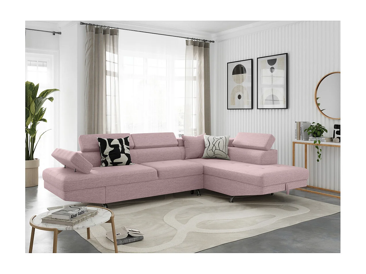 Canapé d'angle droit 5 places Rio convertible avec coffre en tissu - Vieux rose - L271 x P192 x H70cm - Loungitude