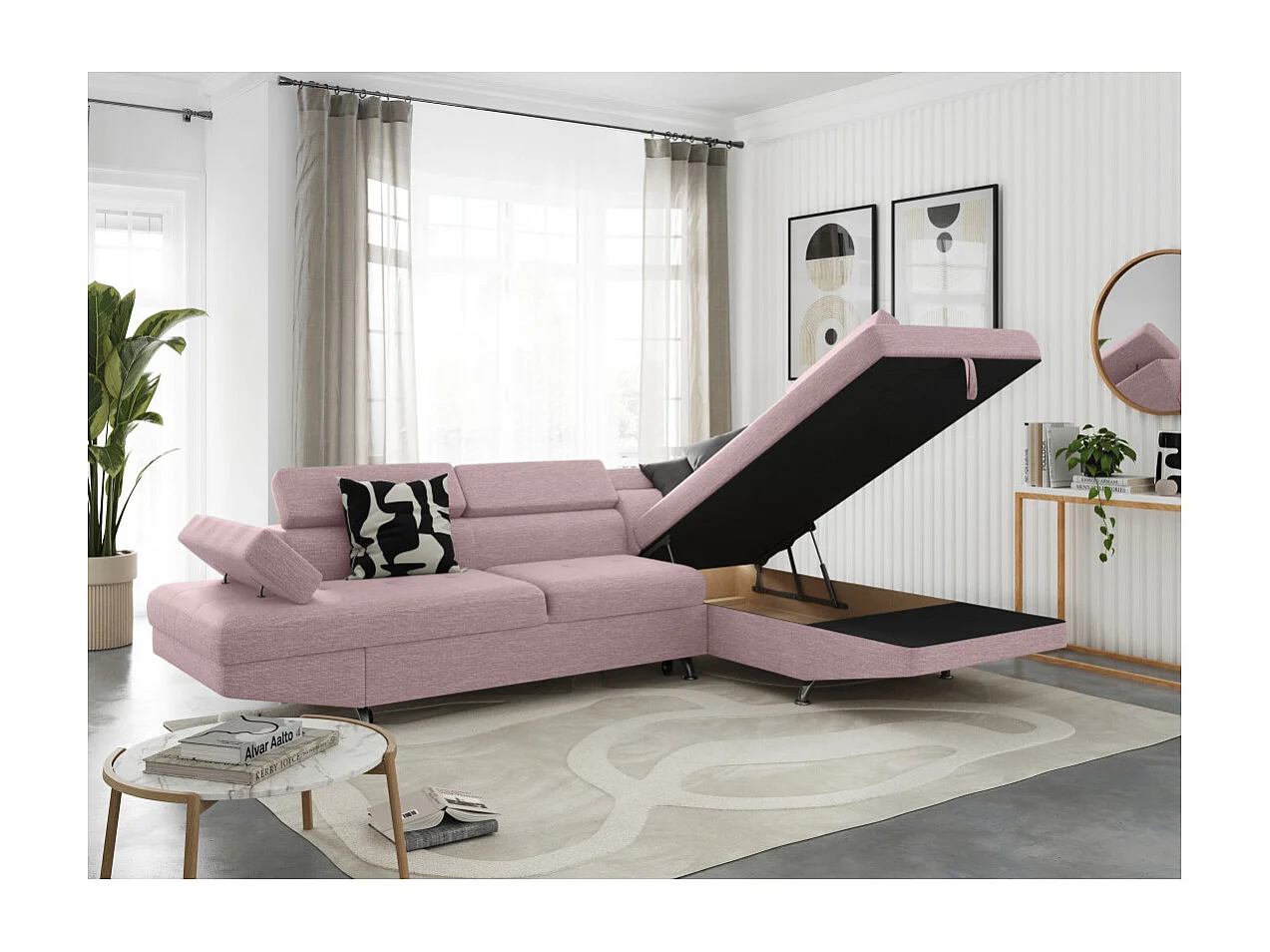 Canapé d'angle droit 5 places Rio convertible avec coffre en tissu - Vieux rose - L271 x P192 x H70cm - Loungitude