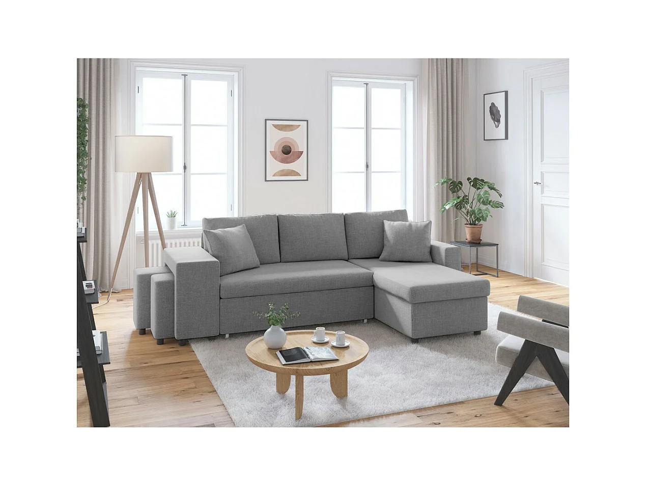 Canapé d'angle 3 places réversible Oslo avec coffre et poufs gauche en tissu - Gris clair - L241 x P146 x H81cm - Loungitude