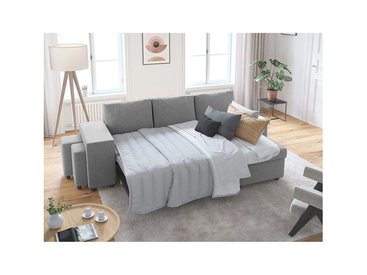 Canapé d'angle 3 places réversible Oslo avec coffre et poufs gauche en tissu - Gris clair - L241 x P146 x H81cm - Loungitude