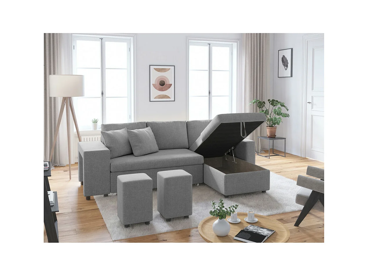 Canapé d'angle 3 places réversible Oslo avec coffre et poufs gauche en tissu - Gris clair - L241 x P146 x H81cm - Loungitude