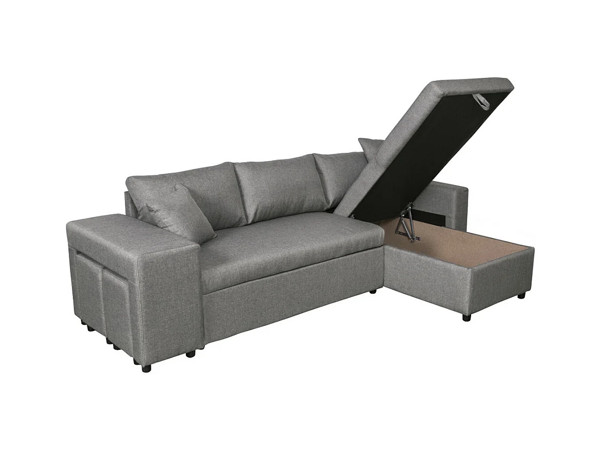 Canapé d'angle 3 places réversible Oslo avec coffre et poufs gauche en tissu - Gris clair - L241 x P146 x H81cm - Loungitude