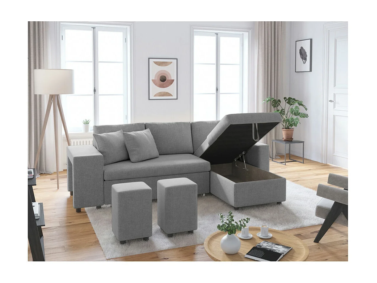Canapé d'angle 3 places réversible Oslo avec coffre et poufs gauche en tissu - Gris clair - L241 x P146 x H81cm - Loungitude