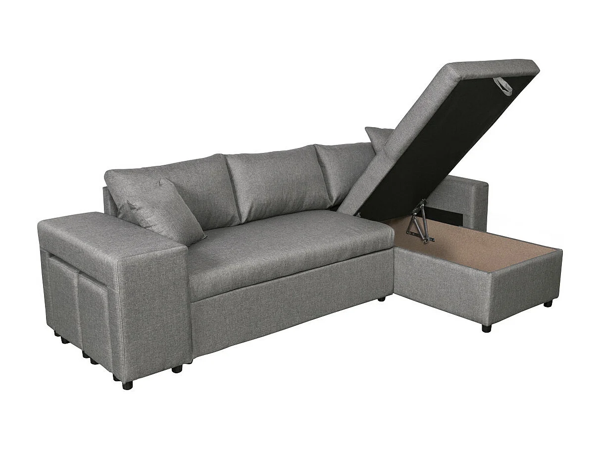 Canapé d'angle 3 places réversible Oslo avec coffre et poufs gauche en tissu - Gris clair - L241 x P146 x H81cm - Loungitude
