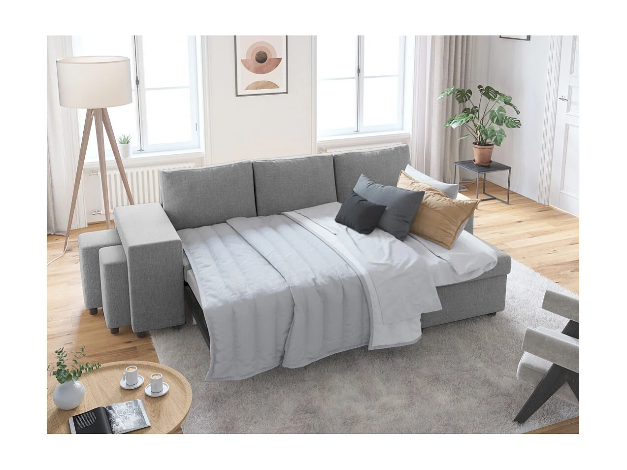 Canapé d'angle 3 places réversible Oslo avec coffre et poufs gauche en tissu - Gris clair - L241 x P146 x H81cm - Loungitude