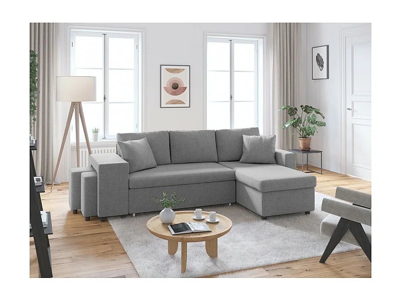 Canapé d'angle 3 places réversible Oslo avec coffre et poufs gauche en tissu - Gris clair - L241 x P146 x H81cm - Loungitude