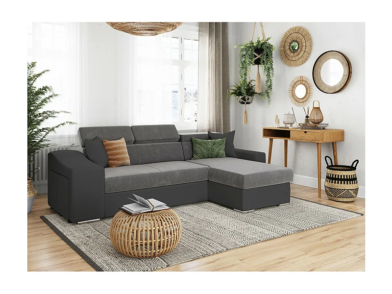 Canapé d'angle Elona convertible bi-matière Gris avec poufs de rangement à gauche - L264 x P162 x H75cm - Loungitude
