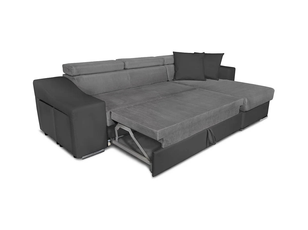 Canapé d'angle Elona convertible bi-matière Gris avec poufs de rangement à gauche - L264 x P162 x H75cm - Loungitude