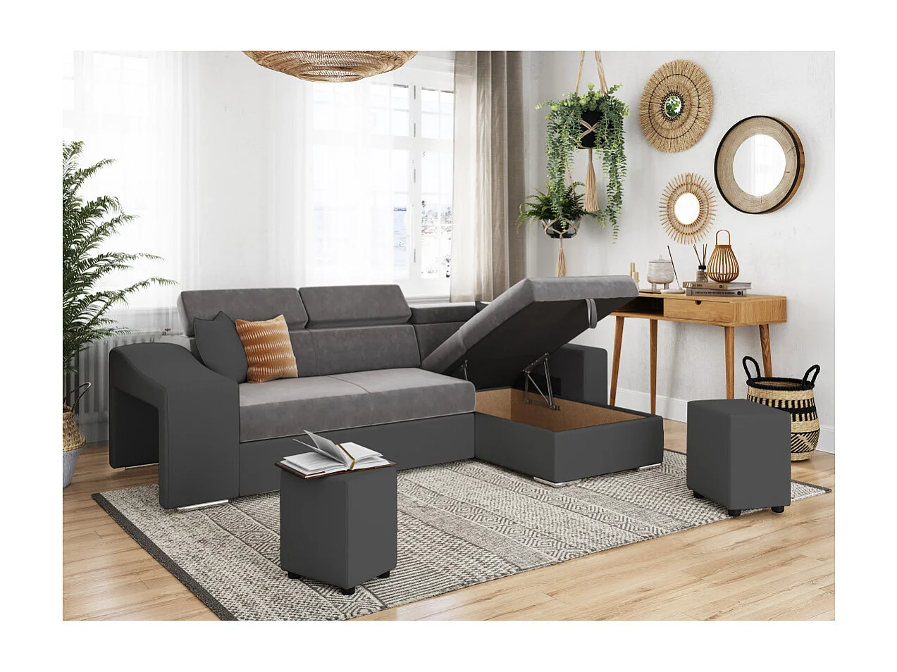 Canapé d'angle Elona convertible bi-matière Gris avec poufs de rangement à gauche - L264 x P162 x H75cm - Loungitude
