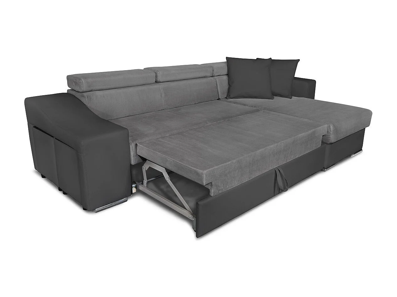 Canapé d'angle Elona convertible bi-matière Gris avec poufs de rangement à gauche - L264 x P162 x H75cm - Loungitude