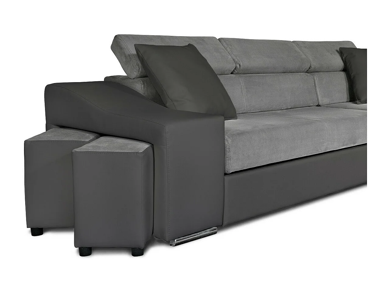 Canapé d'angle Elona convertible bi-matière Gris avec poufs de rangement à gauche - L264 x P162 x H75cm - Loungitude