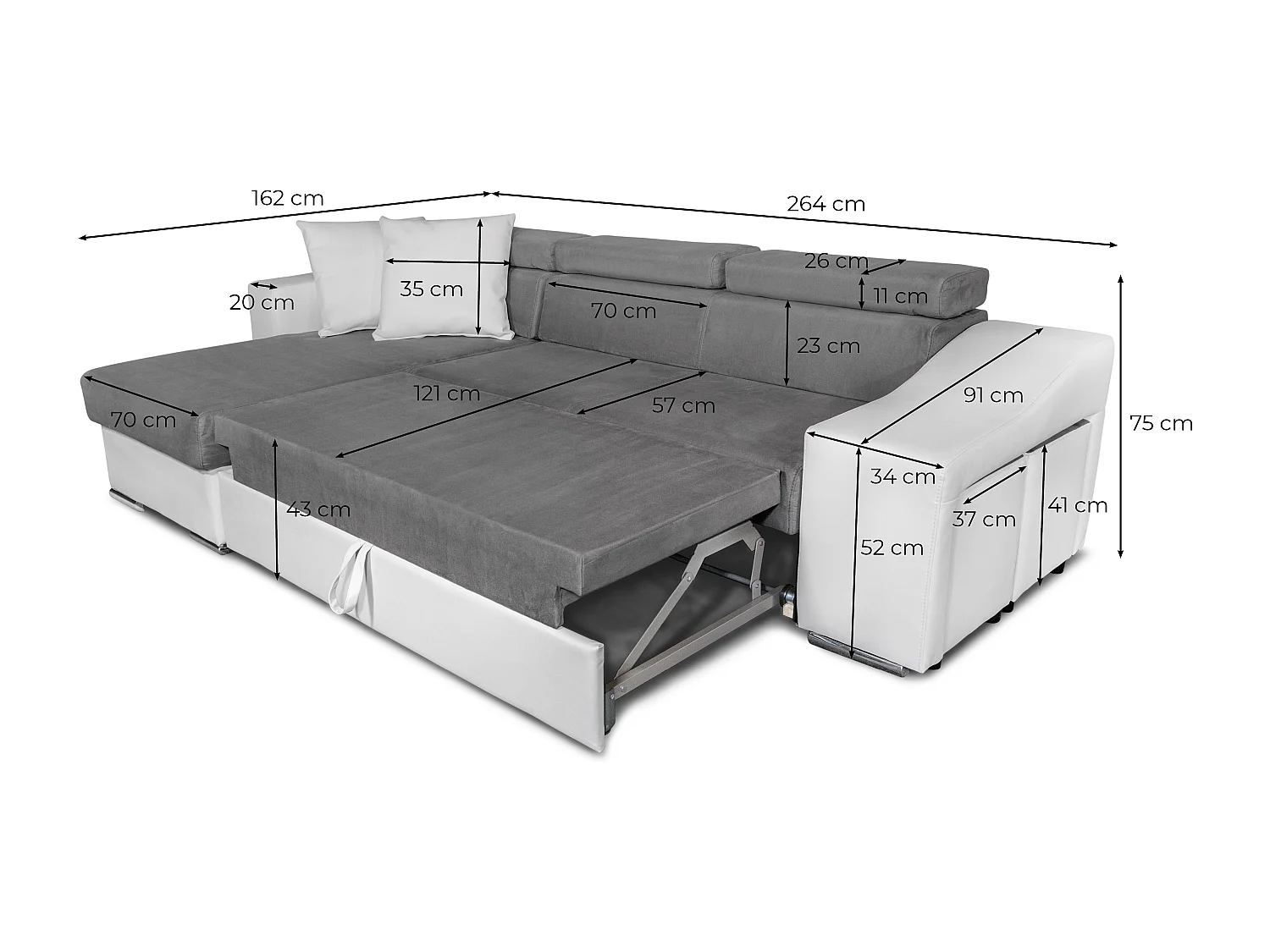 Canapé d'angle Elona convertible bi-matière Gris avec poufs de rangement à gauche - L264 x P162 x H75cm - Loungitude