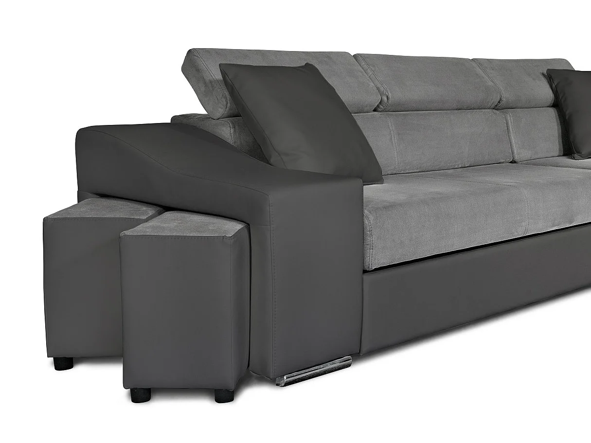 Canapé d'angle Elona convertible bi-matière Gris avec poufs de rangement à gauche - L264 x P162 x H75cm - Loungitude