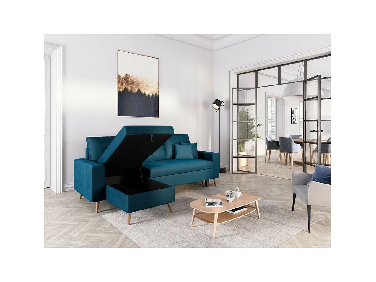 Canapé d'angle Maria scandinave réversible et convertible avec coffre en velours - Bleu pétrole - L227 x 148 x 95cm - Loungitude