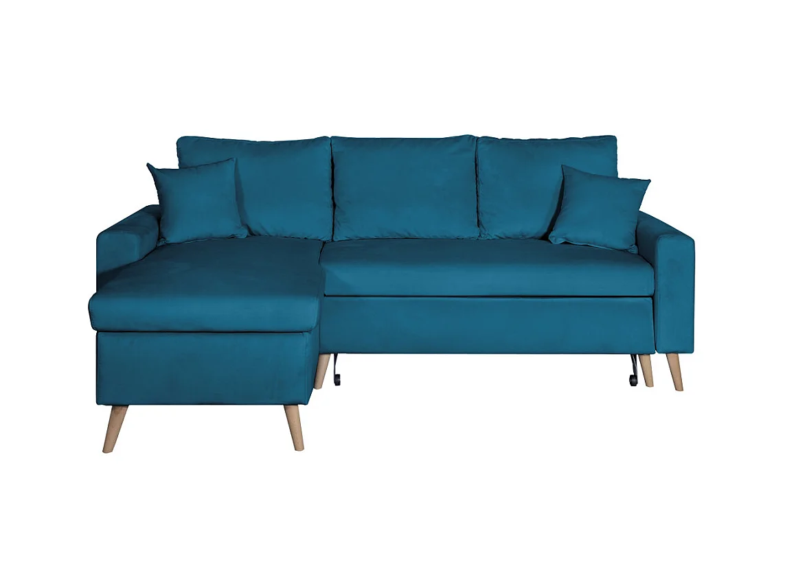 Canapé d'angle Maria scandinave réversible et convertible avec coffre en velours - Bleu pétrole - L227 x 148 x 95cm - Loungitude