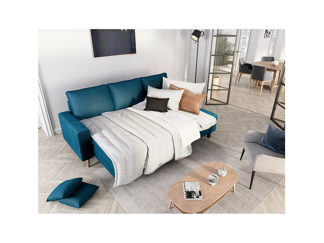 Canapé d'angle Maria scandinave réversible et convertible avec coffre en velours - Bleu pétrole - L227 x 148 x 95cm - Loungitude