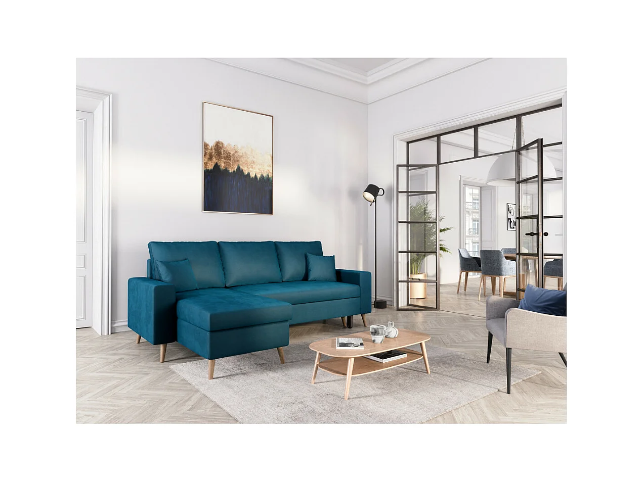 Canapé d'angle Maria scandinave réversible et convertible avec coffre en velours - Bleu pétrole - L227 x 148 x 95cm - Loungitude