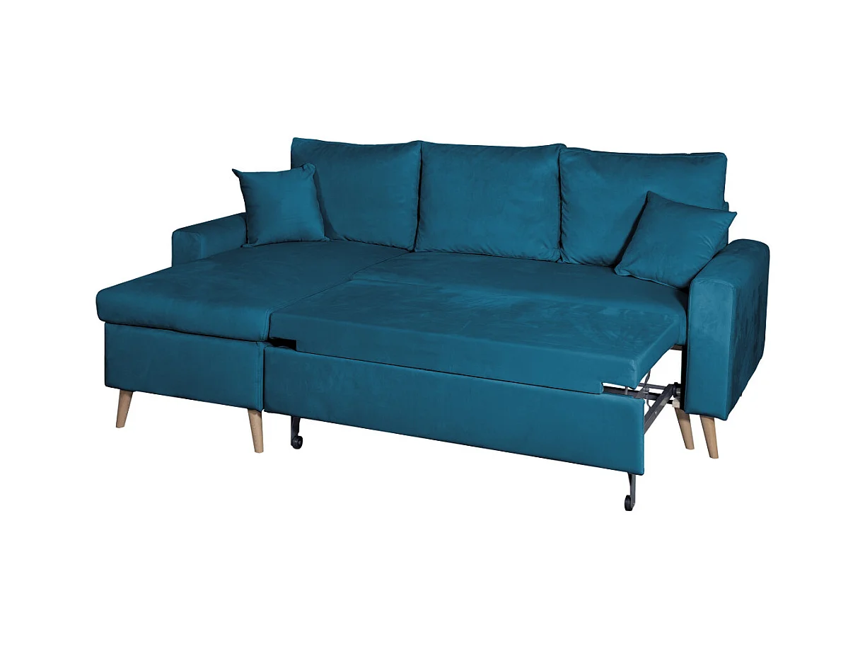 Canapé d'angle Maria scandinave réversible et convertible avec coffre en velours - Bleu pétrole - L227 x 148 x 95cm - Loungitude