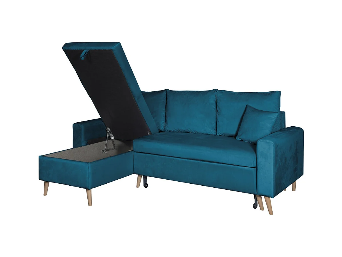 Canapé d'angle Maria scandinave réversible et convertible avec coffre en velours - Bleu pétrole - L227 x 148 x 95cm - Loungitude