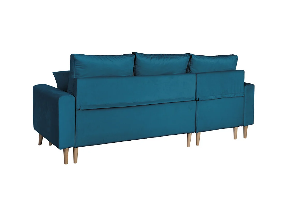 Canapé d'angle Maria scandinave réversible et convertible avec coffre en velours - Bleu pétrole - L227 x 148 x 95cm - Loungitude