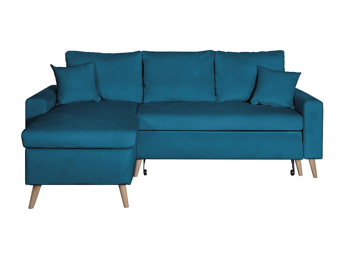 Canapé d'angle Maria scandinave réversible et convertible avec coffre en velours - Bleu pétrole - L227 x 148 x 95cm - Loungitude