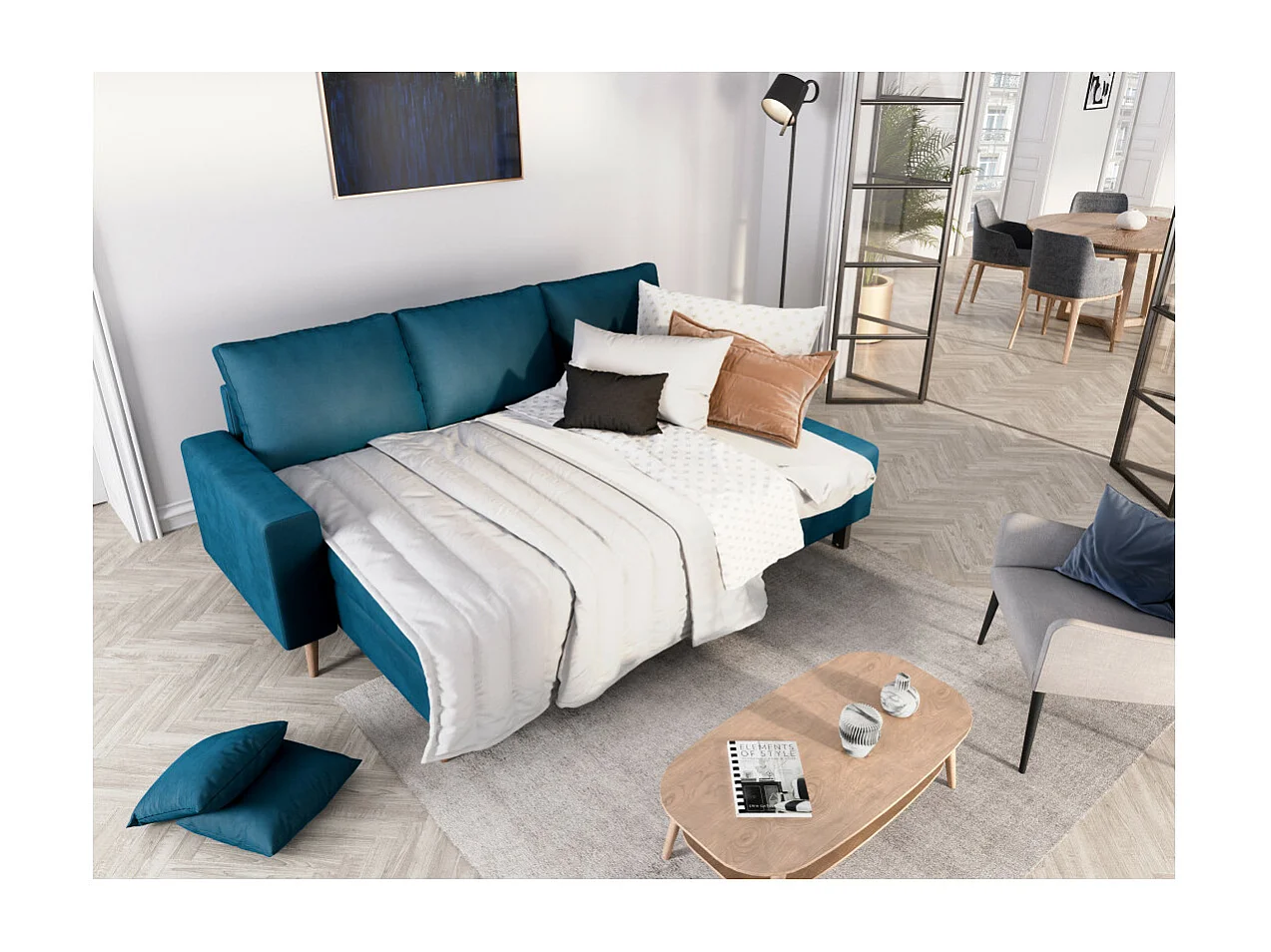 Canapé d'angle Maria scandinave réversible et convertible avec coffre en velours - Bleu pétrole - L227 x 148 x 95cm - Loungitude