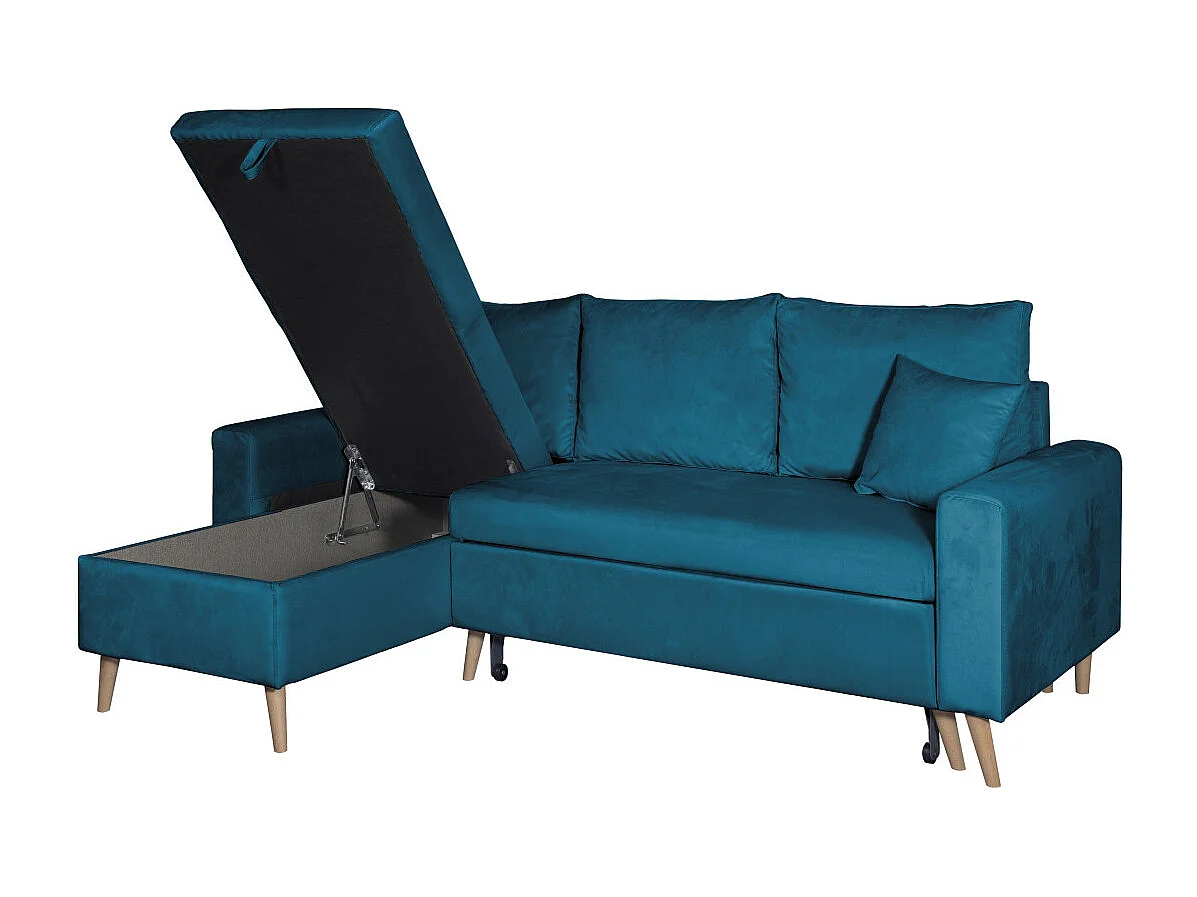 Canapé d'angle Maria scandinave réversible et convertible avec coffre en velours - Bleu pétrole - L227 x 148 x 95cm - Loungitude