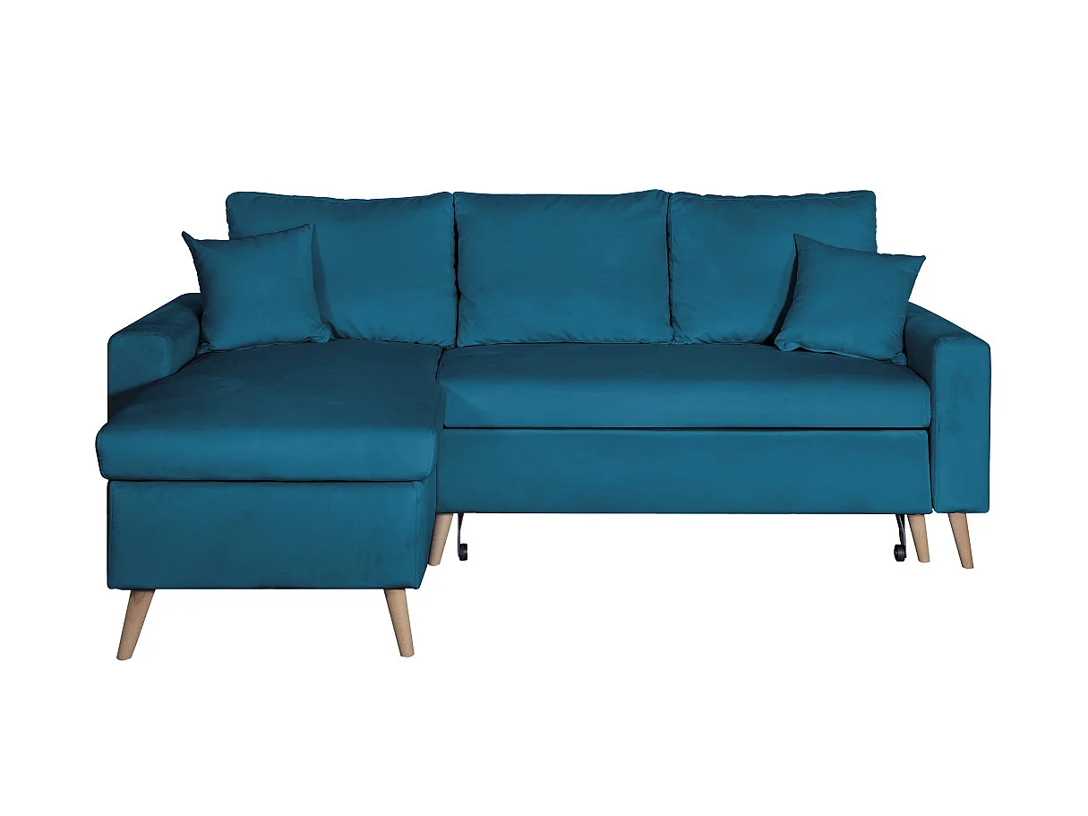 Canapé d'angle convertible 4 places avec coffre en velours bleu