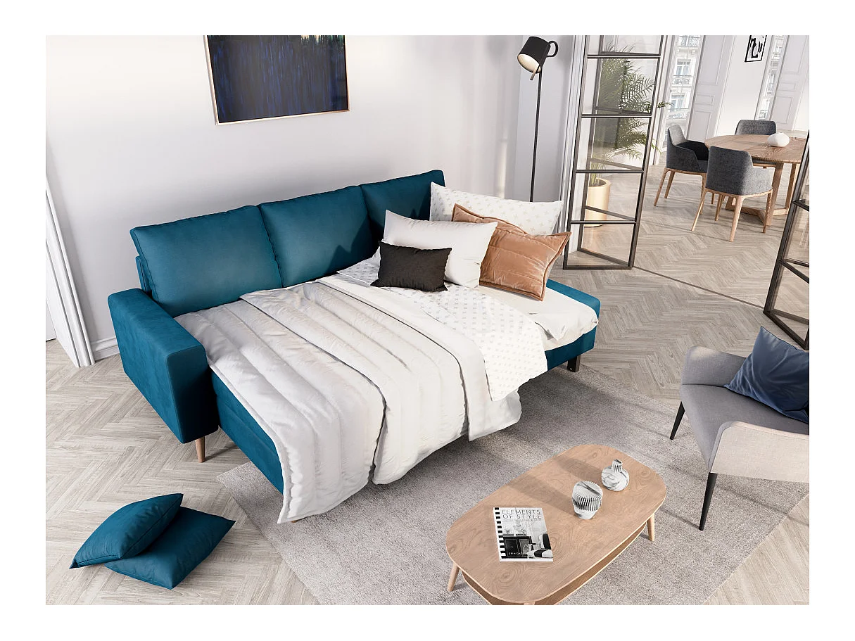 Canapé d'angle convertible 4 places avec coffre en velours bleu