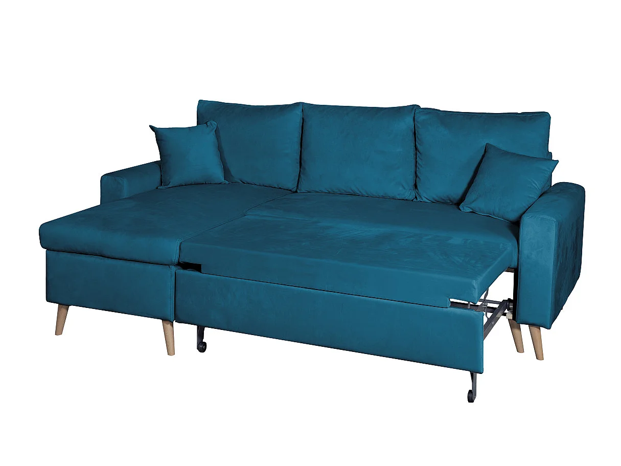 Canapé d'angle convertible 4 places avec coffre en velours bleu