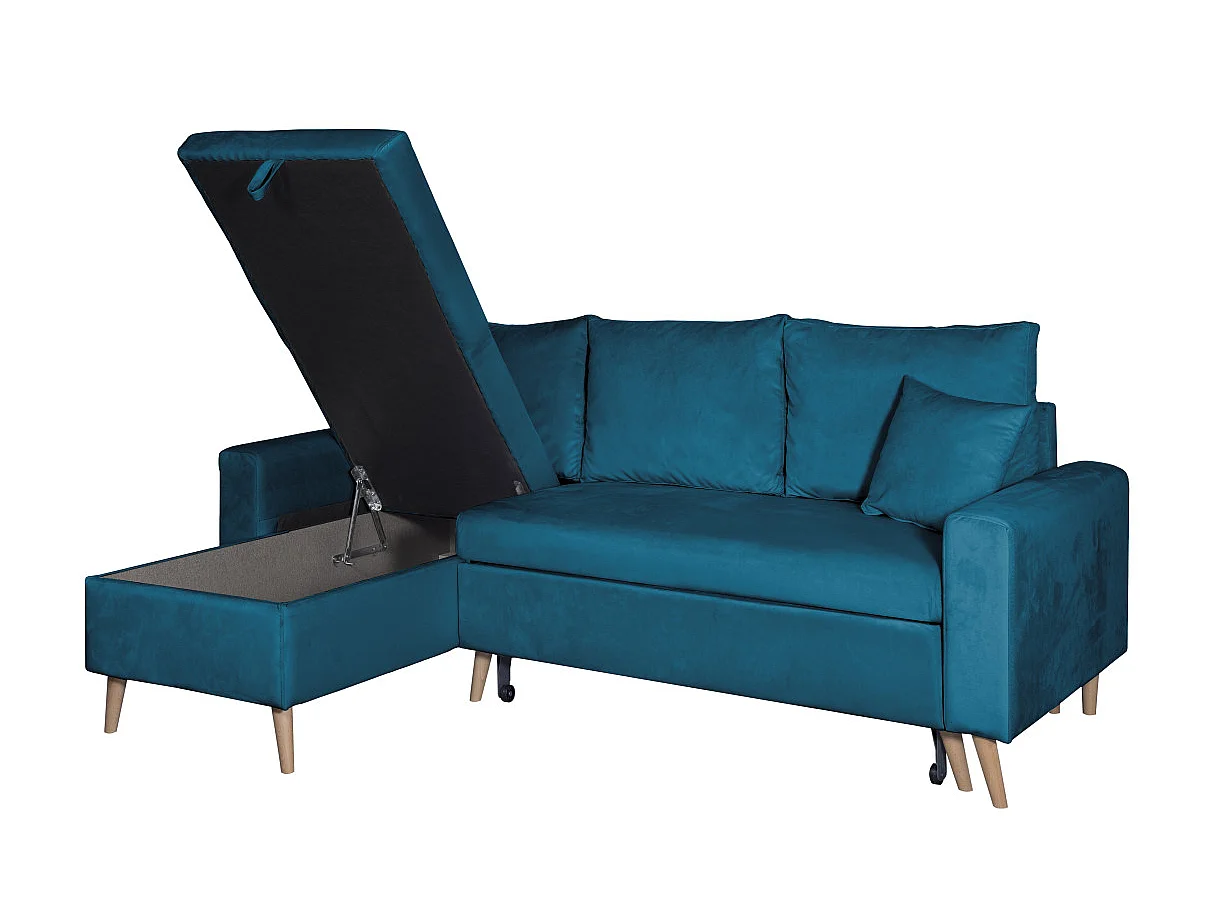 Canapé d'angle convertible 4 places avec coffre en velours bleu