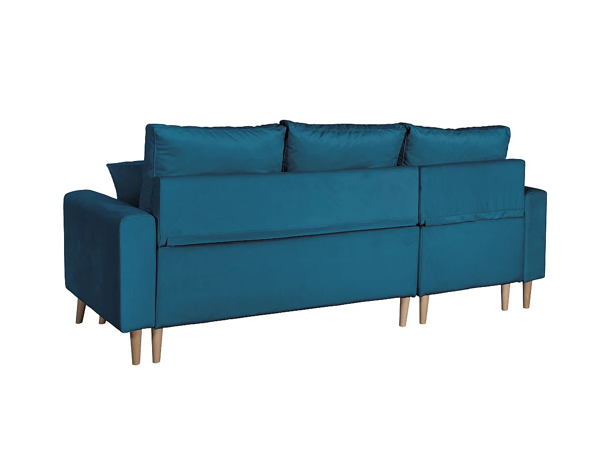 Canapé d'angle convertible 4 places avec coffre en velours bleu