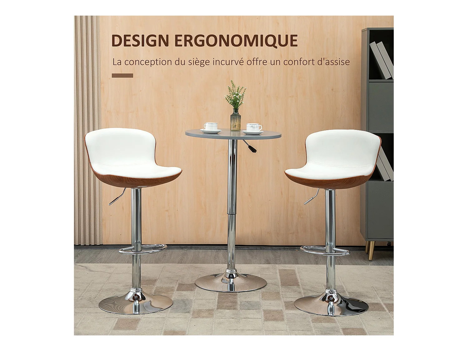 Lot de 2 tabourets de bar design contemporain hauteur d'assise réglable 64-85 cm pivotant 360° revêtement synthétique crème aspect bois