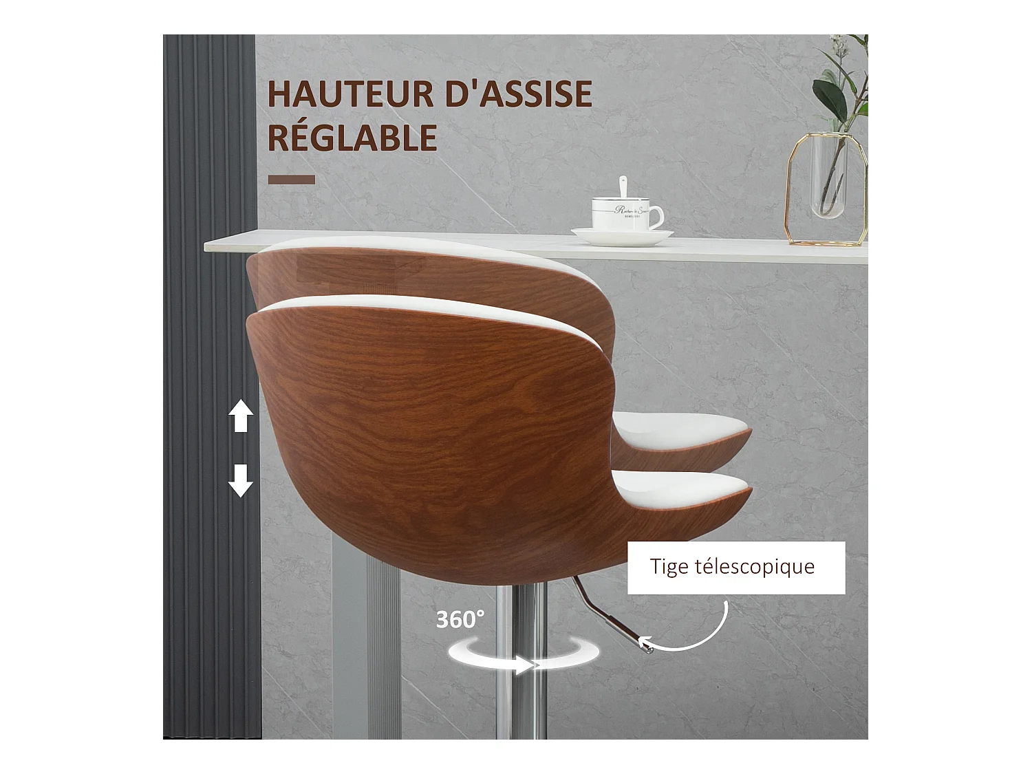Lot de 2 tabourets de bar design contemporain hauteur d'assise réglable 64-85 cm pivotant 360° revêtement synthétique crème aspect bois