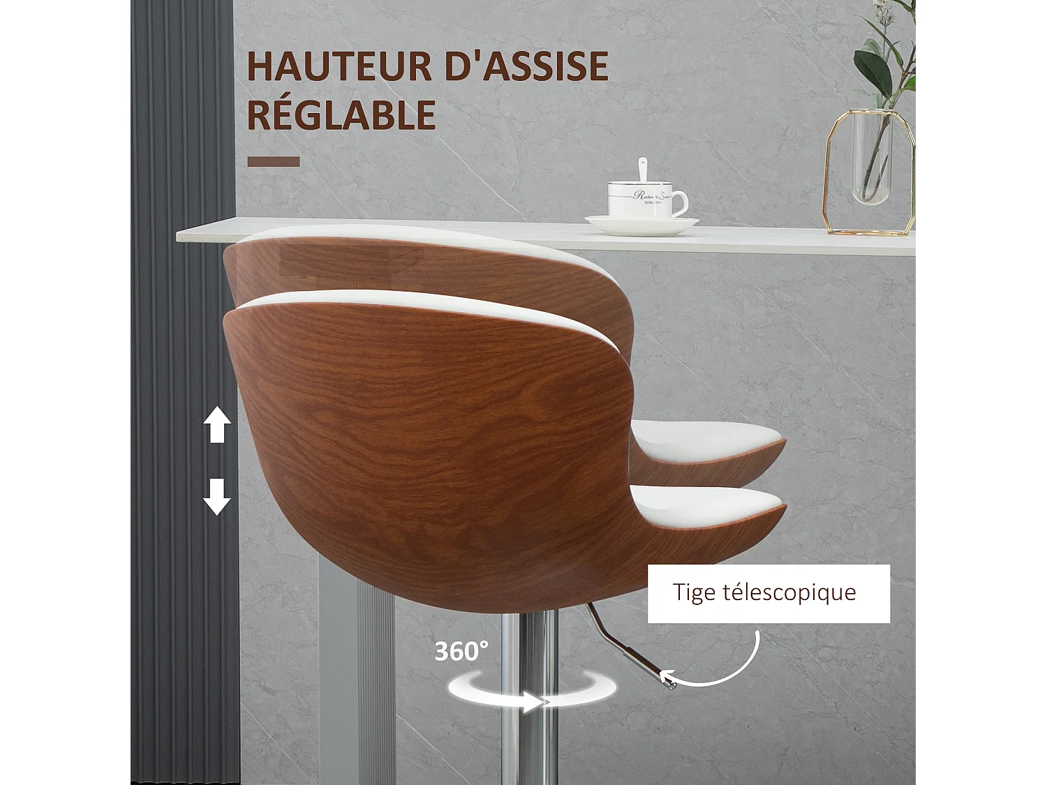 Lot de 2 tabourets de bar design contemporain hauteur d'assise réglable 64-85 cm pivotant 360° revêtement synthétique crème aspect bois