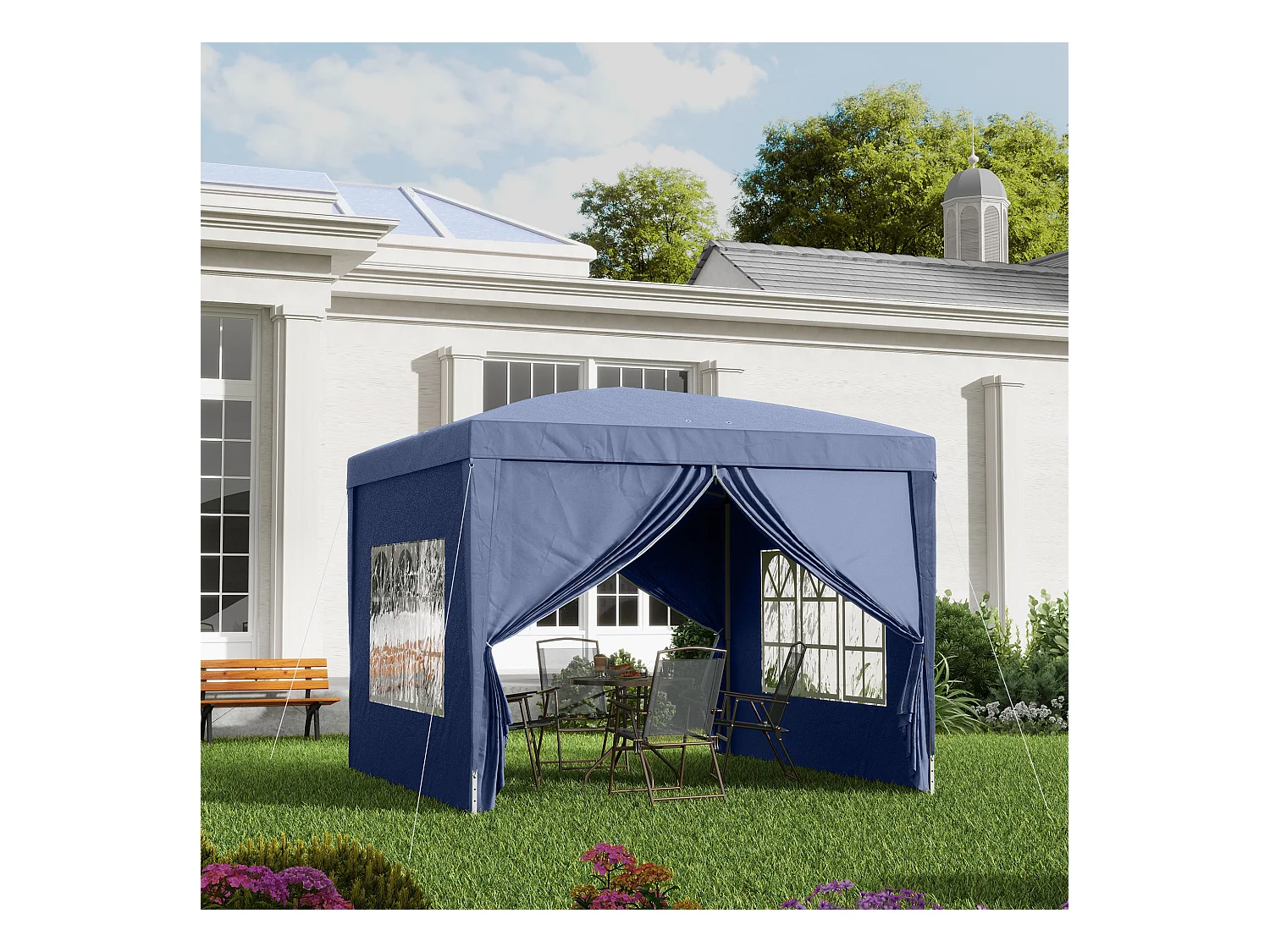 Tonnelle barnum pop-up pliant dim. 3L x 3l x 2,58H m 2 fenêtres sac transport acier Oxford bleu