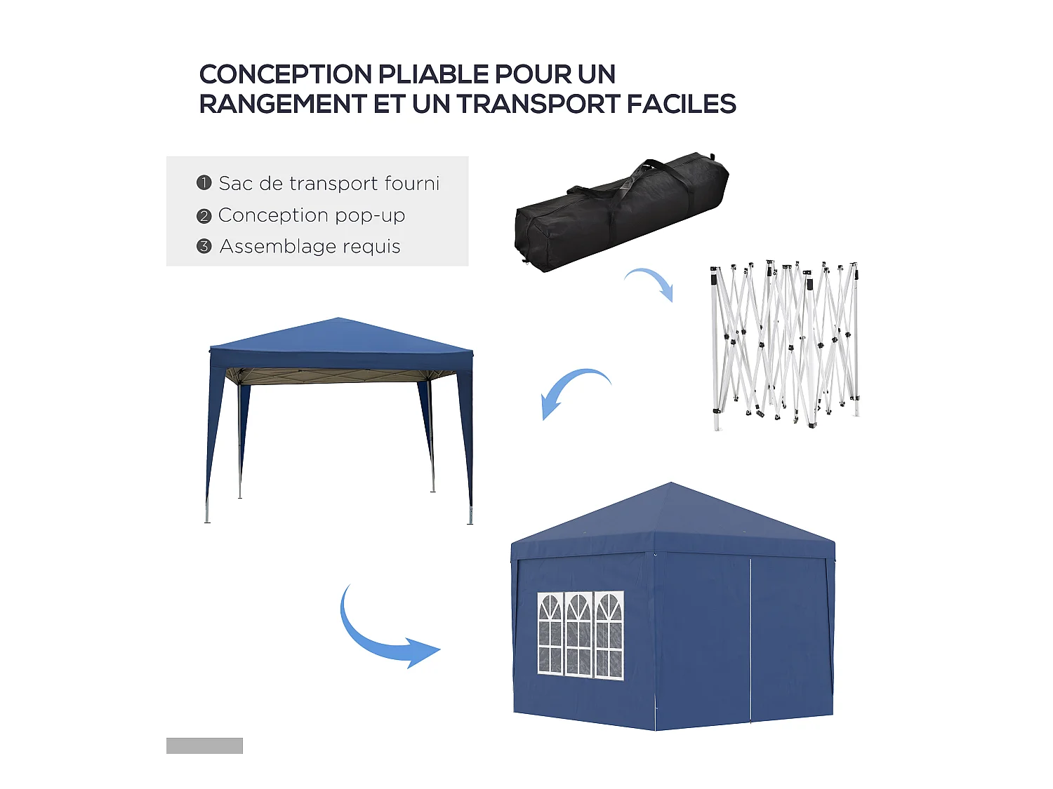 Tonnelle barnum pop-up pliant dim. 3L x 3l x 2,58H m 2 fenêtres sac transport acier Oxford bleu