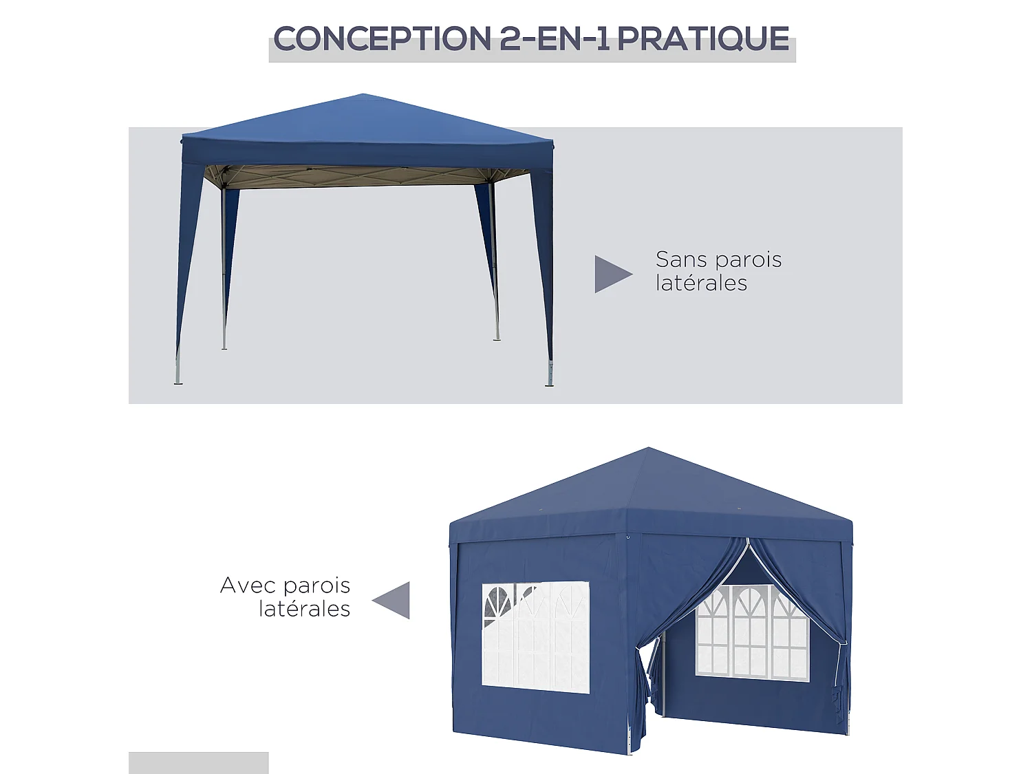 Tonnelle barnum pop-up pliant dim. 3L x 3l x 2,58H m 2 fenêtres sac transport acier Oxford bleu