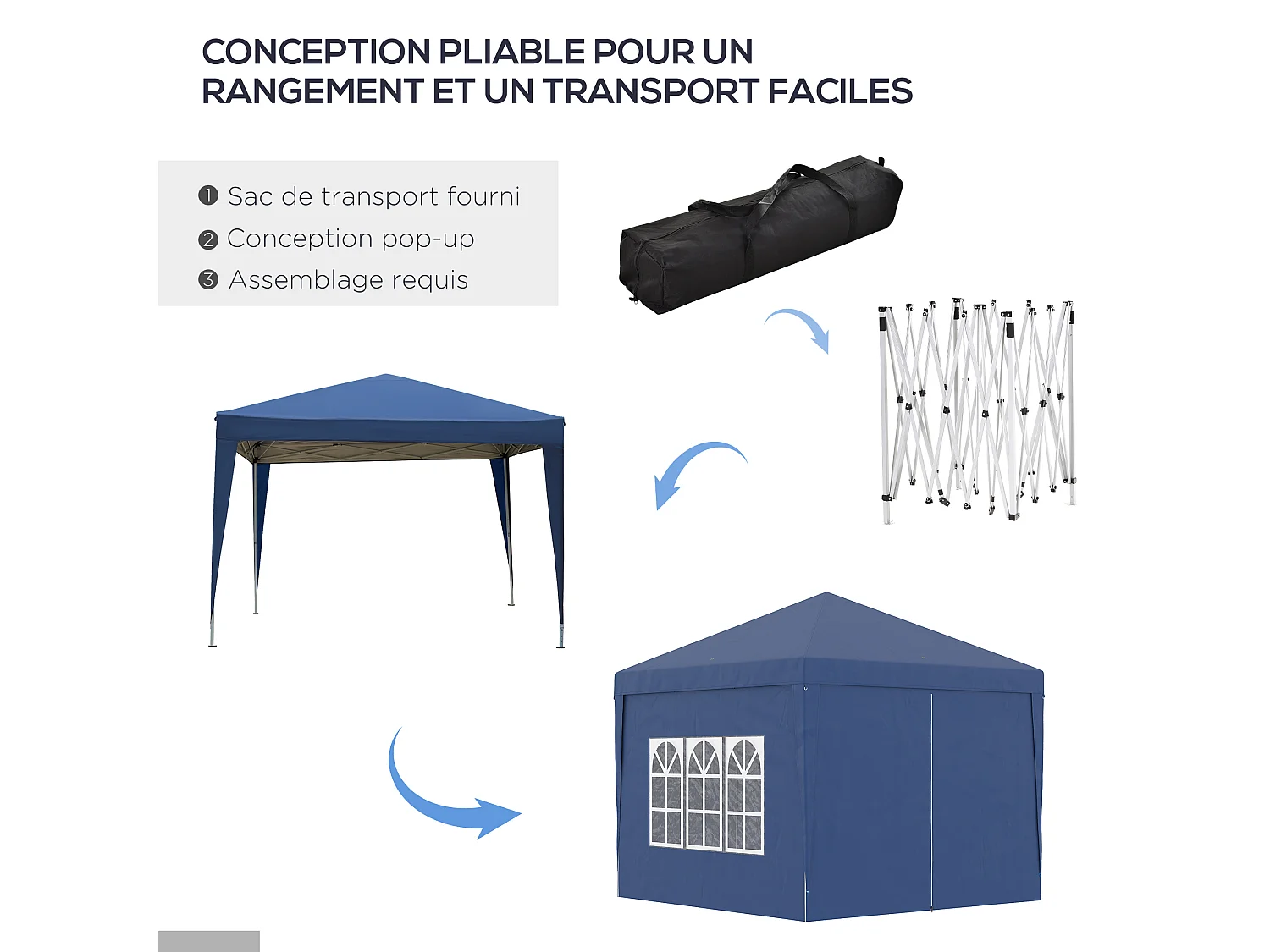 Tonnelle barnum pop-up pliant dim. 3L x 3l x 2,58H m 2 fenêtres sac transport acier Oxford bleu