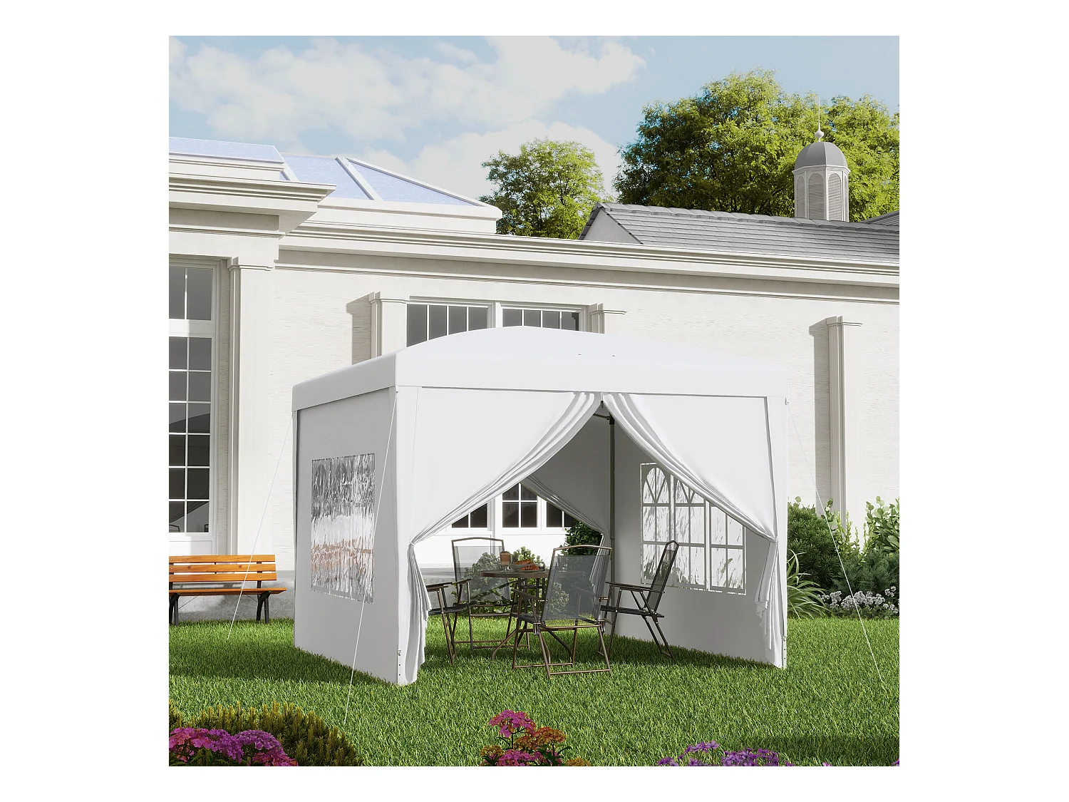 Tonnelle barnum pop-up pliant dim. 3L x 3l x 2,58H m 2 fenêtres sac transport acier Oxford blanc